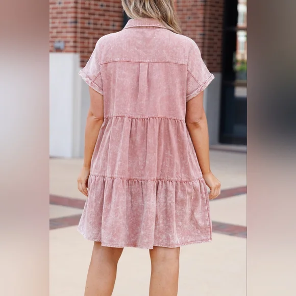 Chic Soul Ruffled Tiered Button Up Dress Plus 1X Mauve Pink Denim Jean Casual - Picture 5 of 7